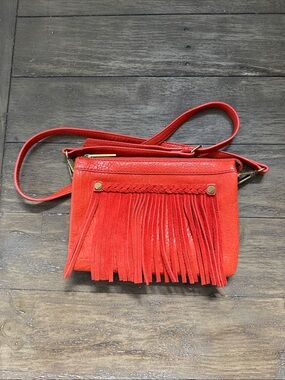 Ella Moss Red/Blood Orange Soft Leather Fringe Crossbody with Braided Accent